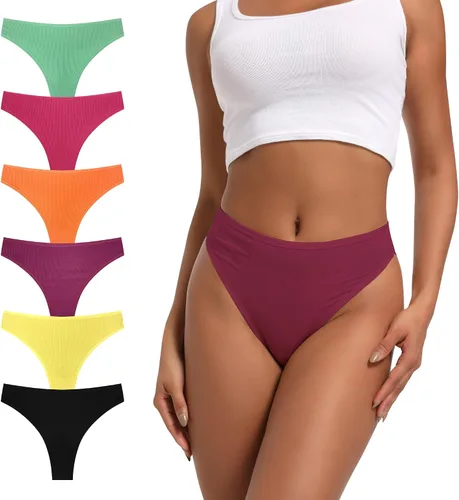 Vista 14 de Tanga de algodón acanalado transpirable sin costuras de cintura alta para mujer, ropa interior de talla grande 2 negro/2 verde/2 vino tinto