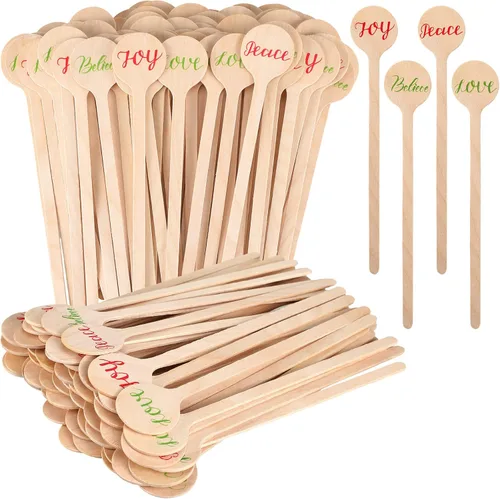 Vista 8 de 200 agitadores de café de madera de 6 pulgadas, desechables, para Navidad, cócteles, bebidas, palitos de Navidad de extremo redondo para leche
