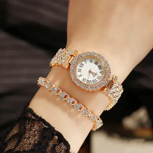 Vista 6 de Relojes de diamantes para mujer, de lujo, a la moda, conjunto de pulsera, reloj de vestir femenino