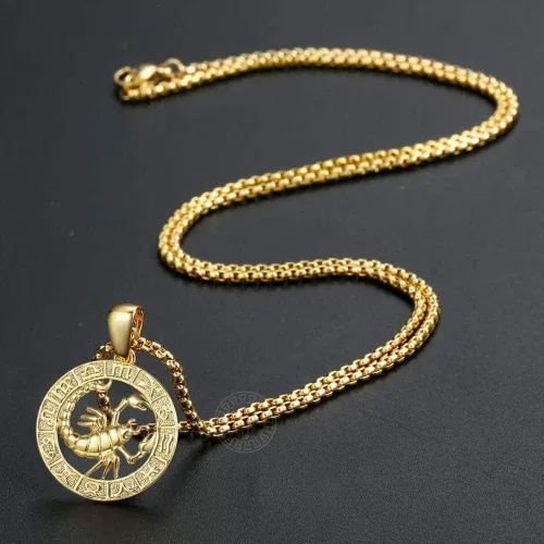 Vista 2 de Hermah Collar con colgante de signo del zodiaco chapado en oro para mujeres y hombres Leo AriesConstellation Horoscope Colgante de acero inoxidable