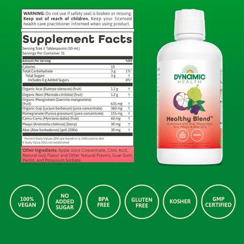 Vista 3 de Dynamic Health Mezcla saludable con acai, mangostán, noni, maqui y aloe vera, sin aditivos, apoyo del sistema inmunológico, antioxidante, vegano