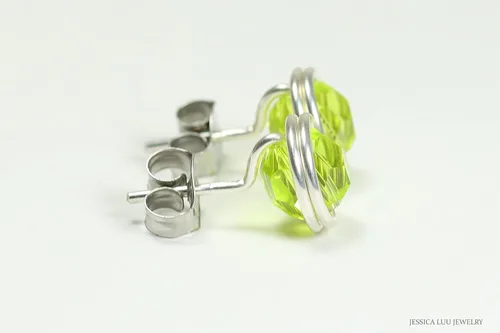 Vista 5 de Jessica Luu Jewelry Chartreuse Green Stud Earrings Sterling Silver or Gold Wire Wrapped Citrus Crystal Handmade