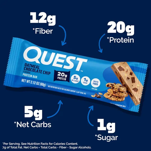 Vista 4 de Quest Nutrition Barra de proteínas con chispas de chocolate de avena, baja en carbohidratos, sin gluten, apta para ceto, 12