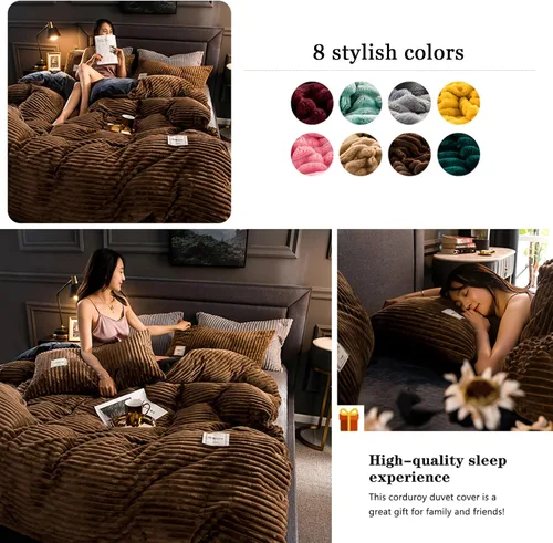 Vista 6 de Juego de ropa de cama Queen de pana, funda de edredón ultrasuave con 2 fundas de almohada, fundas de edredón tamaño matrimonial para cama doble Café