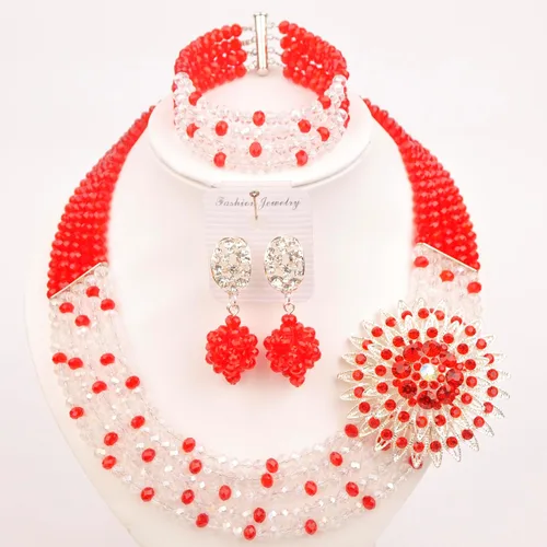 Vista 4 de 5 filas de cuentas africanas de moda para mujer, collar nigeriano, conjuntos nupciales de joyería de boda