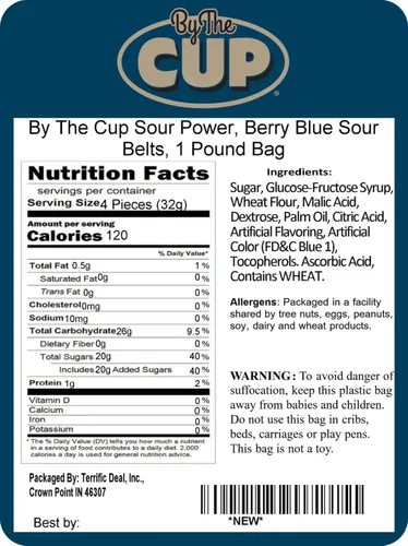 Vista 2 de By The Cup Berry Blue Sour Belts, bolsa a granel de 1 lb Sweet & Sour Berry Blue - Tiras masticables para fiestas, bolsas de golosinas, bufés