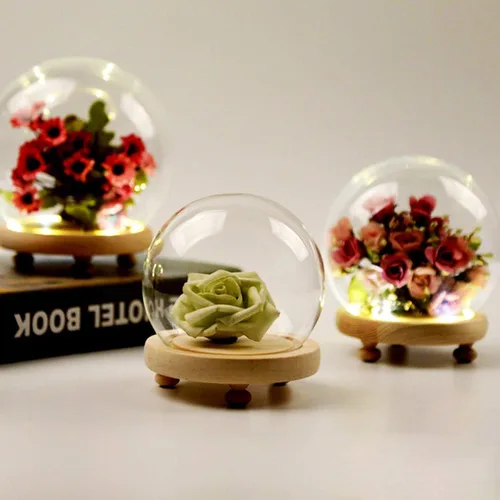 Vista 2 de Cúpula redonda de cristal Cloche Ball Jar Exhibición de mesa con base de madera Diámetro 4.7 pulgadas