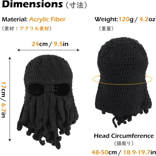 Vista 2 de TRIWONDER Sombrero de barba de punto, divertido gorro de invierno, pulpo, máscara facial, disfraz de Halloween para hombres y mujeres, esquí