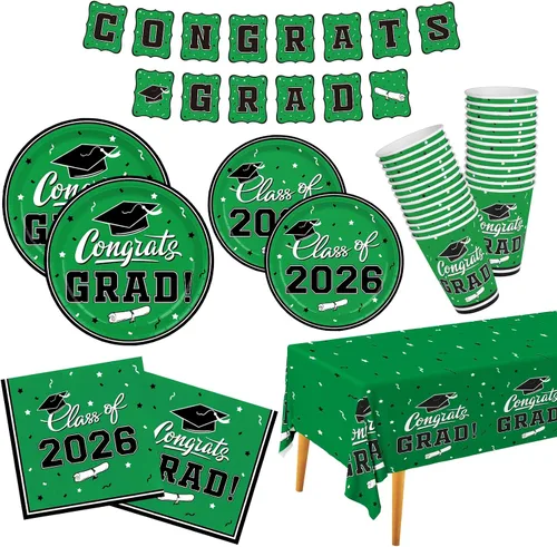 Vista 18 de Decoraciones de graduación de clase de 2026, juego de vajilla de fiesta de graduación de graduación negro y dorado, platos de papel desechables