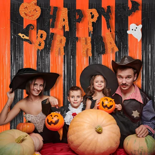 Vista 9 de BRAVESHINE - Cortinas de flecos de papel de aluminio para fiestas, decoración de Halloween Negro naranja