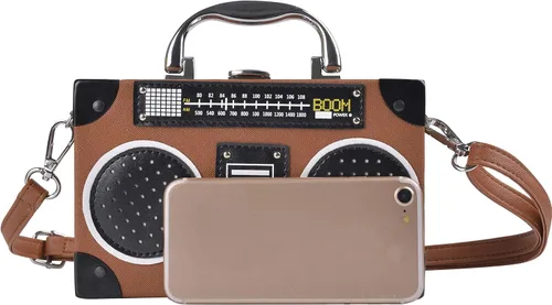 Vista 4 de QZUnique Bolso de hombro en forma de cinta con grabador de radio PU Crossbody bolso de noche retro para mujer, bolso de mano