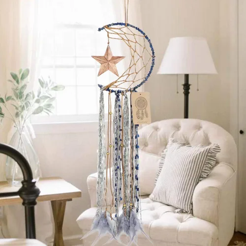 Vista 6 de Dremisland Atrapasueños Azul Hecho a Mano Diseño de Media Luna Atrapasueños de Pluma Colgante con Estrella Decoración del Hogar Ornamento Regalo