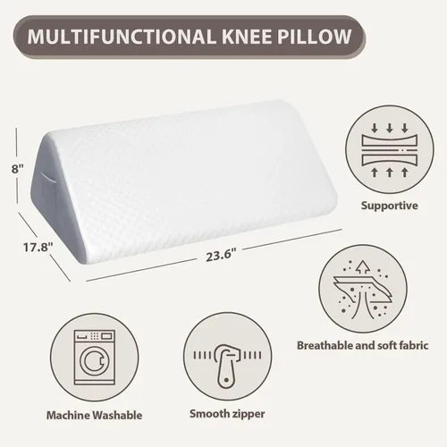 Vista 3 de Almohada de rodilla de espuma viscoelástica, funda blanca acolchada con base gris, soporte ortopédico