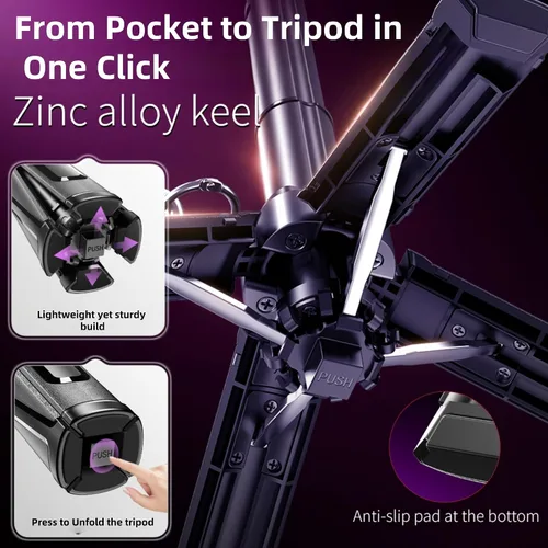 Vista 5 de Trípode magnético para teléfono, palo selfie portátil 4 en 1, trípode extensible plegable de tamaño de bolsillo para iPhone, palo selfie con control