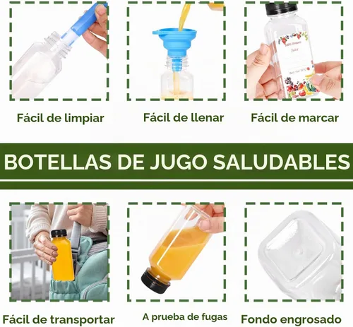 Vista 3 de SUPERLELE 12 botellas de plástico de 8 onzas con tapas, recipientes transparentes reutilizables para jugo con etiquetas, embudo y cepillo