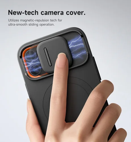 Vista 4 de SURITCH Funda para iPhone 12/12 Pro con cubierta magnética para cámara deslizante y soporte ajustable, compatible con MagSafe, funda protectora Negro