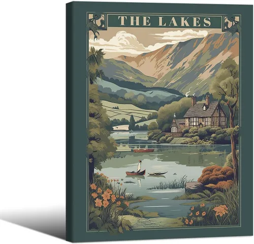 Vista 18 de Póster de paisaje campestre y lago, arte de pared de paisaje de naturaleza otoñal, 08 x 10 pulgadas, marco negro, pintura al óleo vintage de otoño