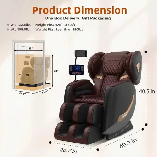 Vista 2 de Silla de masaje Shiatsu de cuerpo completo 3D de gravedad cero con rodillos de 10 nodos, 20 bolsas de aire, calefacción de cintura y piernas, audio