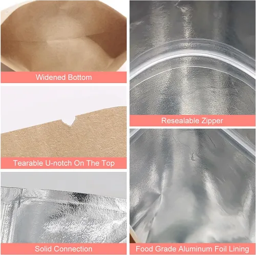 Vista 3 de SumDirect Bolsas de pie de papel kraft – Paquete de 50 bolsas reutilizables con cremallera de 3.5 x 5.5 pulgadas con forro de aluminio para el hogar