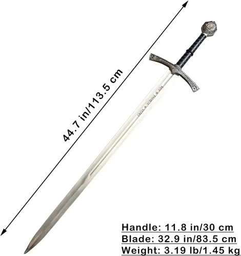 Vista 2 de Espada medieval de acero inoxidable de 44.7 pulgadas con placa de exhibición para colección, cosplay