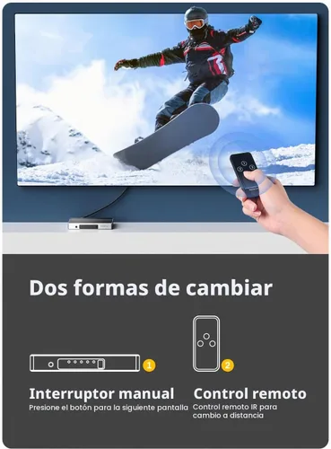 Vista 5 de Interruptor HDMI 4K @60Hz, divisor HDMI 3 en 1 salida, conmutador HDMI con control remoto, concentrador de caja de interruptor HDMI 2.0 de aluminio