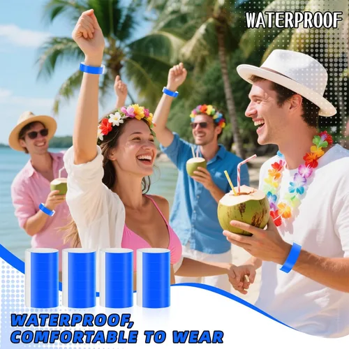Vista 5 de 300 pulseras para eventos, muñequeras de neón impermeables para fiestas, ligeras pulseras de papel de concierto, bandas adhesivas de mano, color azul