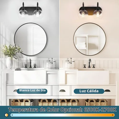 Vista 4 de Dpyrrhic Moderna lámpara de tocador de 2 luces, accesorio de iluminación de baño sobre espejo con pantalla de vidrio transparente y base de metal