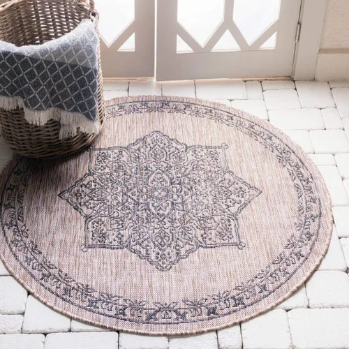 Vista 30 de Unique Loom Alfombra de la colección tradicional para exteriores, antigua (4 pies 1 pulgada, redonda, verde azulado/gris)