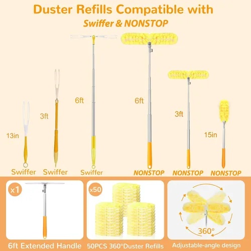 Vista 6 de Plumero extensible de mango largo de 6 pies con 50 repuestos para plumero Swiffer, kit de microfibra resistente de 360° para techos altos 50