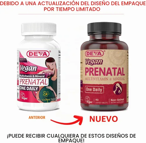 Vista 2 de DEVA Suplemento multivitamínico prenatal vegano y mineral, fórmula única al día, vitaminas A, C, D, E, K, complejo B, con folato y hierro quelado
