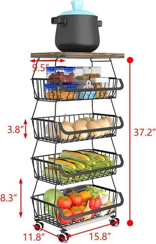 Vista 5 de Cestas de almacenamiento de cocina de 5 niveles con ruedas, cestas de metal para frutas y verduras, carrito de almacenamiento para despensa, carrito