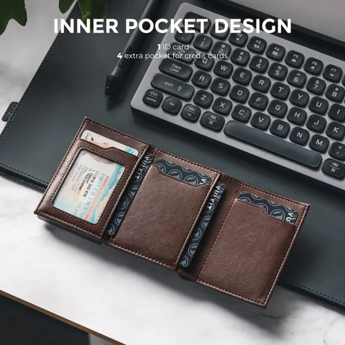 Vista 4 de VULKIT Cartera con tarjetero para hombre, con cierre magnético, bloqueo RFID, billetera de cuero triple, Espresso, Moderno