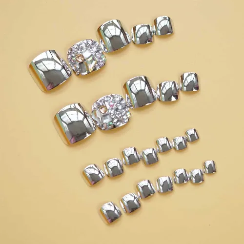 Vista 3 de Foccna Uñas postizas plateadas con purpurina, uñas postizas a presión, uñas postizas, uñas postizas de lujo, uñas postizas acrílicas con diamantes