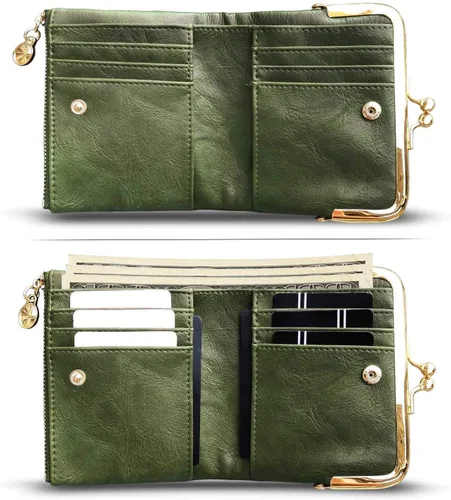 Vista 2 de AOXONEL Cartera para mujer, pequeña, Rfid, compacta, plegable, de piel, vintage, con cremallera y cierre de beso