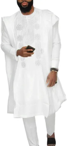 Vista 9 de HD Ropa Africana para Hombre Agbada con Bordado, Conjunto de Camiseta y Pantalón Dashiki 3 Piezas Blanco-g