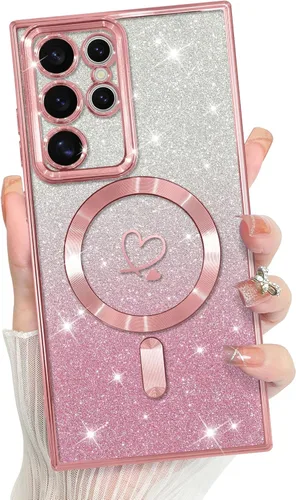 Vista 309 de Bonoma - Funda compatible con Samsung Galaxy S21 Plus, diseño de corazón con purpurina, color rosa Support for MagSafe, Plating Magnetic Case TPU