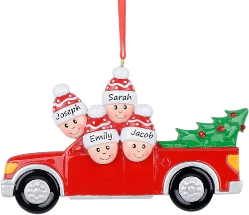 Vista 7 de Adorno de Navidad familiar personalizado 2024 Familia de 2 personas que llevan árbol de Navidad para el hogar, camión rojo, hecho a mano, regalo