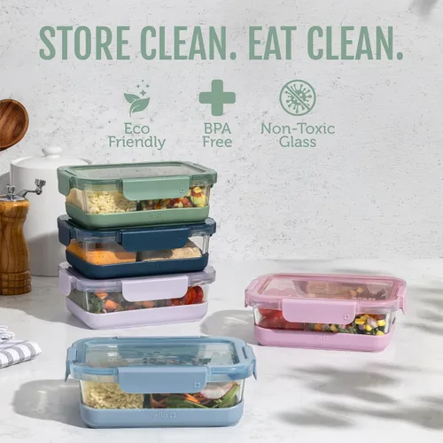 Vista 2 de Ello Duraglass Refresh - Juego de 3.4 tazas divididas para preparación de comidas, 10 unidades, paquete de 5, recipiente de almacenamiento