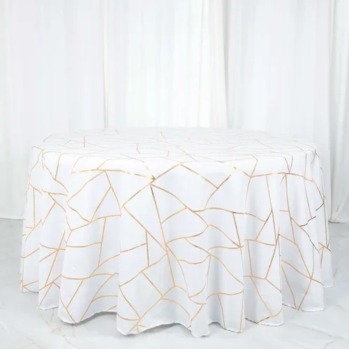 Vista 36 de Efavormart - Mantel redondo de poliéster de 120 pulgadas con patrón geométrico dorado Morado