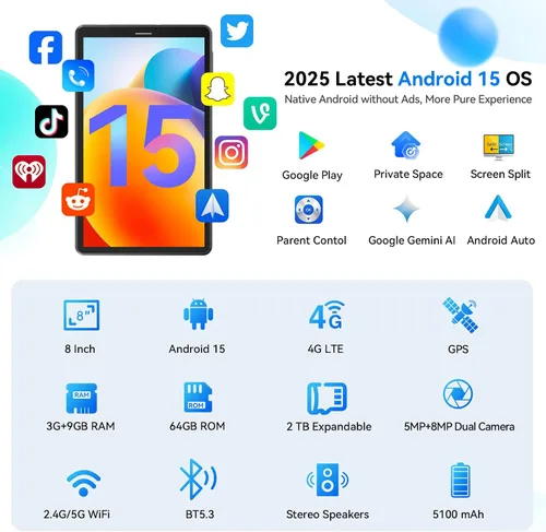 Vista 4 de Topsand Tablet Android 15 de 8 pulgadas con ranura para tarjeta SIM Tablet Teléfono Celular Desbloqueado con 4G LTE Octa Core 12GB RAM 64GB ROM 2TB