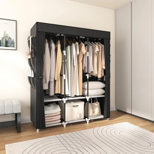 Vista 8 de VTRIN Armario portátil para colgar ropa con cubierta, 3 varillas colgantes, 6 estantes de almacenamiento y bolsillo lateral, Tubo de metal