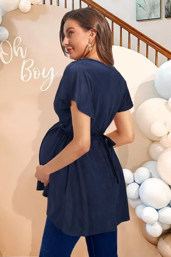Vista 5 de OUGES 2024 - Camisetas de maternidad para mujer, manga corta, cuello en V, lazo en la espalda, ropa de maternidadtúnica casual para embarazo