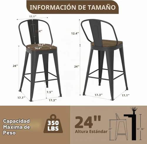Vista 2 de Juego de 4 taburetes de bar giratorios de 24 pulgadas, taburetes de bar industriales con patas de metal resistentes, taburetes de bar con respaldo