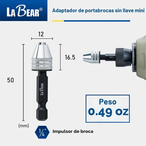 Vista 2 de LABEAR - Adaptador Mini Sin Llave para Portabrocas de ¼ Pulgada con Vástago Hexagonal Capacidad de 0.3-3.2mm para Brocas Micro