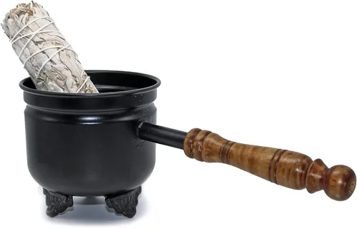 Vista 3 de Caldero de incienso de salvia con mango de madera, para limpieza y bendición de manchas de hierro fundido (7 chakras)