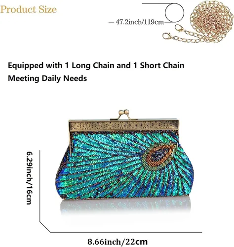 Vista 6 de Bolso de noche con cuentas de lentejuelas para mujer, estilo retro, pavo real, bolso de novia, bolso vintage brillante para fiesta, boda, cóctel