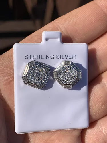 Vista 6 de Solid 925 Sterling Silver Men's Baguette Micropave Earrings - Iced Large 12" Screw Back Earrings