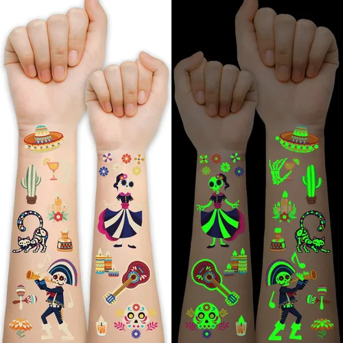 Vista 13 de 124 tatuajes temporales de Halloween que brillan en la oscuridad para niños, calcomanías de tatuaje falsas luminosas impermeables para fiesta
