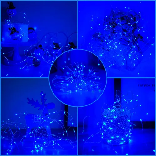 Vista 6 de Tira de luces solares azules de Navidad al aire libre impermeables, 2 paquetes, total 200 LED, 20.1 m, 8 modos, luces de hadas de cobre
