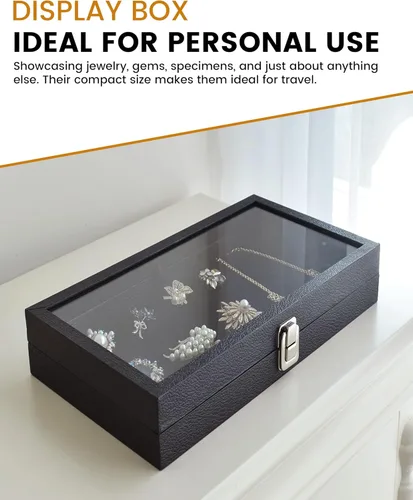 Vista 4 de Novel Box - Caja organizadora de joyas, cuero sintético negro, 6 x 3.75 x 2 pulgadas, caja de joyería de cristal de tamaño pequeño con tapa